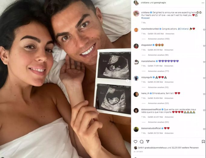 Cristiano Ronaldo (r.) und seine Georgina (l.) erwarten Zwillinge. Ronaldo