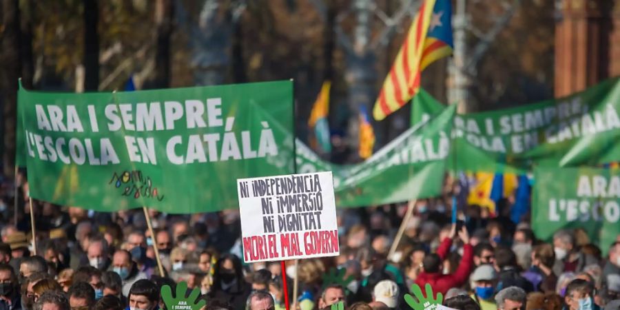 Personen nehmen an einer Demonstration in Barcelonas Innenstadt teil. Am Samstag gingen rund 35 000 Menschen in Barcelona auf die Strassen, um gegen ein Gerichtsurteil zu demonstrieren, wonach mehr Spanisch an öffentlichen Schulen gesprochen werden soll. Foto: Lorena Sopêna/EUROPA PRESS/dpa