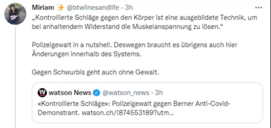 Eine Twitter-Userin verurteilt die Gewalt, die von Polizeibeamten gegen einen Corona-Demonstranten angewendet wurde.