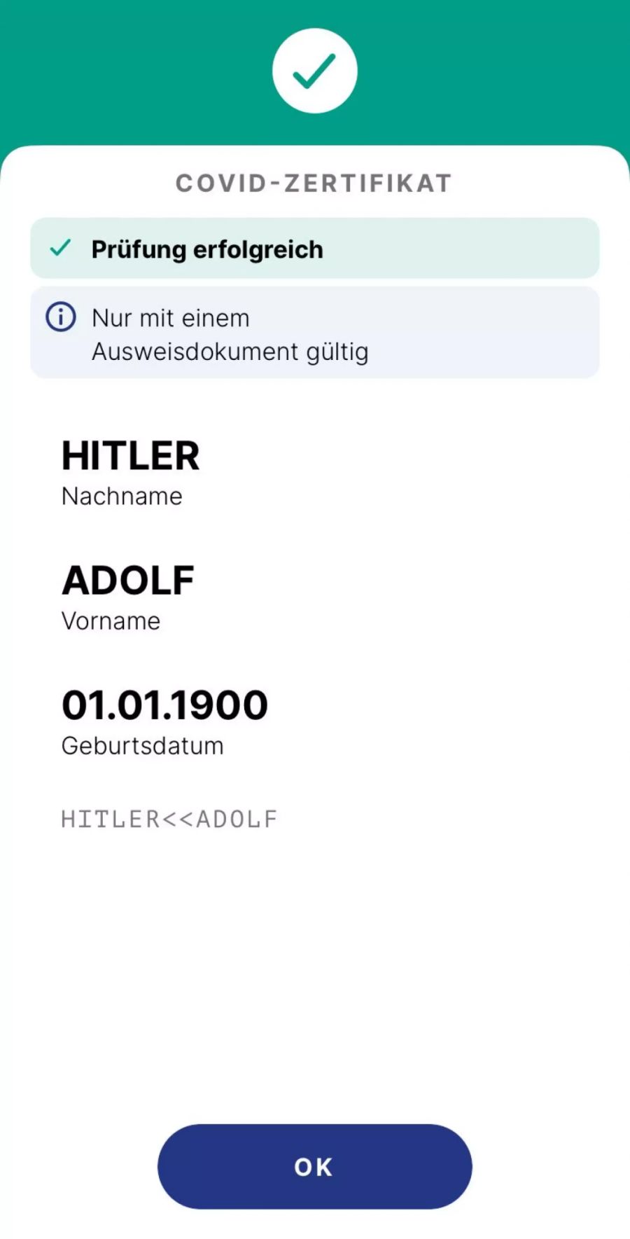 Auch das Zertifikat von Adolf Hitler hat eine gültige Signatur.