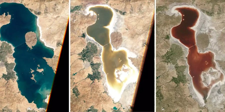 Bildkombo aus Satellitenaufnahmen zeigt den Urmia-See.