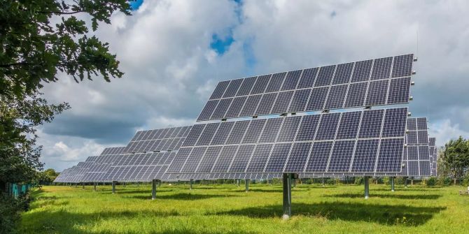 Solarzellen auf einer grünen Wiese.