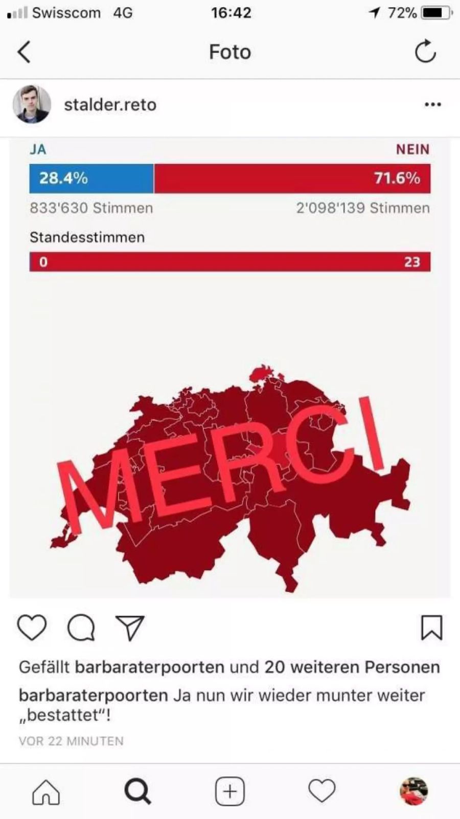 Reto Stalder bedankte sich artig über Instagram.