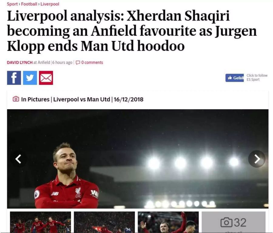 Der «Evening Standard» analysiert das Spiel und kommt zum Schluss, dass sich Xherdan Shaqiri zum «Liebling der Anfield Road entwickelt».