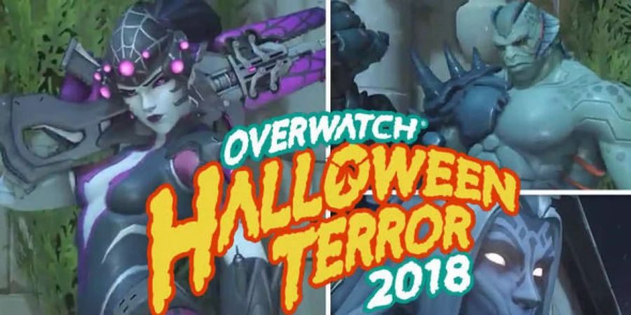 Ein «Overwatch Halloween Terror 2018» Schriftzug ist über den neuen Skins für Widowmaker, Moira und Doomfist zu sehen.