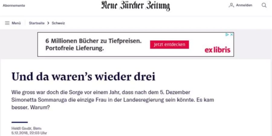 Screenshot Neue Zürcher Zeitung zu den Bundesratswahlen.