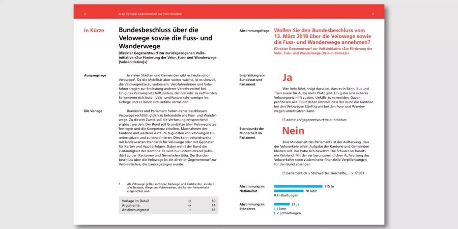 Die Doppelseite «in Kürze» bietet die wichtigsten Fakten und Argumente für Eilige. Farben und typografische Akzente zeigen Leserinnen und Lesern rasch worum es geht.