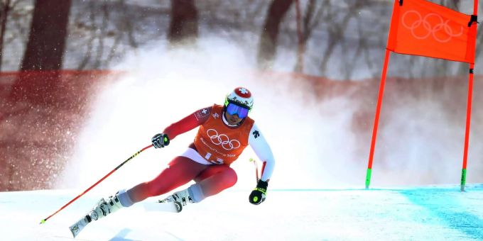Beat Feuz beim Training auf der Olympia-Abfahrt. Beat Feuz beim Training auf der Olympia-Abfahrt.