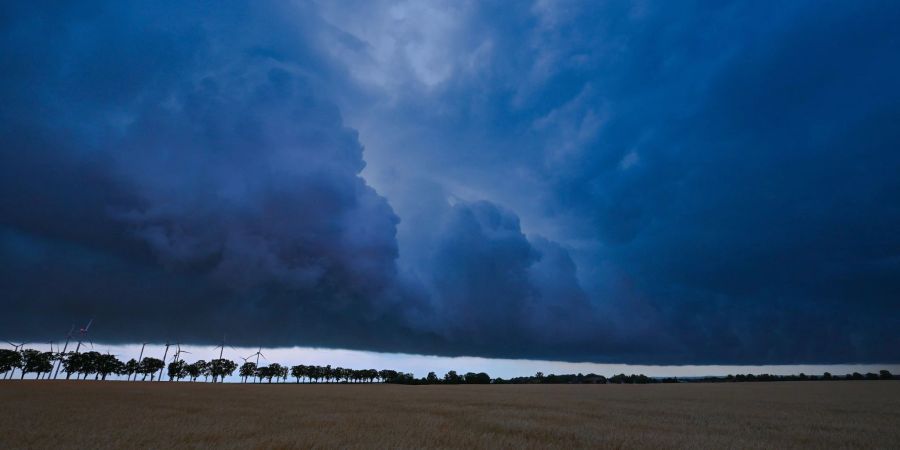 Eine Gewitterzelle zieht mit dunklen Regenwolken über die brandenburgische Landschaft. Der Deutsche Wetterdienst hat die Klima-Bilanz für das Jahr 2022 vorgestellt.