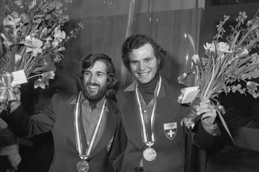 Heini Hemmi und Ernst Good jubeln 1976 über den Olympia-Doppelsieg, der auch als WM gewertet wurde.