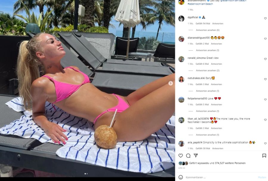 Stattdessen geniesst sie die Sommerpause in den Ferien. Fast täglich stellt Alisha solche Bilder auf Insta.