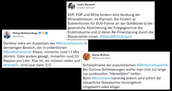 Mitte-Fraktionspräsident sah schon im März Handlungsbedarf beim Benzinpreis, während SP-Co-Präsident Cédric Wermuth und Ökonom Marius Brülhart die Prioritäten hinterfragen. Benzinpreis Mineralölsteuer Bregy Wermuth