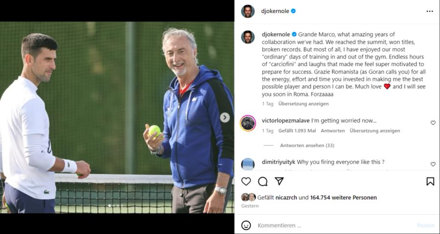 Mit diesem Post verabschiedet sich Novak Djokovic von Marco Panichi.