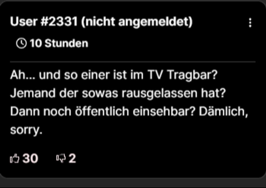 «Ist so einer im TV noch tragbar, der sowas rausgelassen hat?», fragt ein Nau.ch-Leser zu den aufgetauchten Facebook-Kommentaren von Pascal Schmitz. Nein, findet SRF. Und zieht ihn vorerst von der TV-Kamera ab.