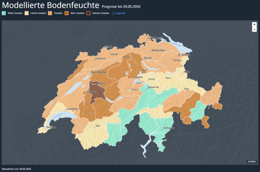 Im Berner Mittelland sind die Böden sogar extrem trocken. In der Grafik gilt: Je dünkler die Farbe, desto Trockner die Region.