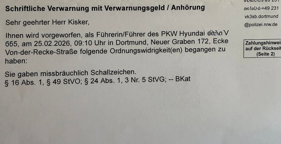 Dieses Schreiben bekam der Rentner von der Polizei Dortmund. Der Vorwurf: «Missbrauch eines Schallzeichens»