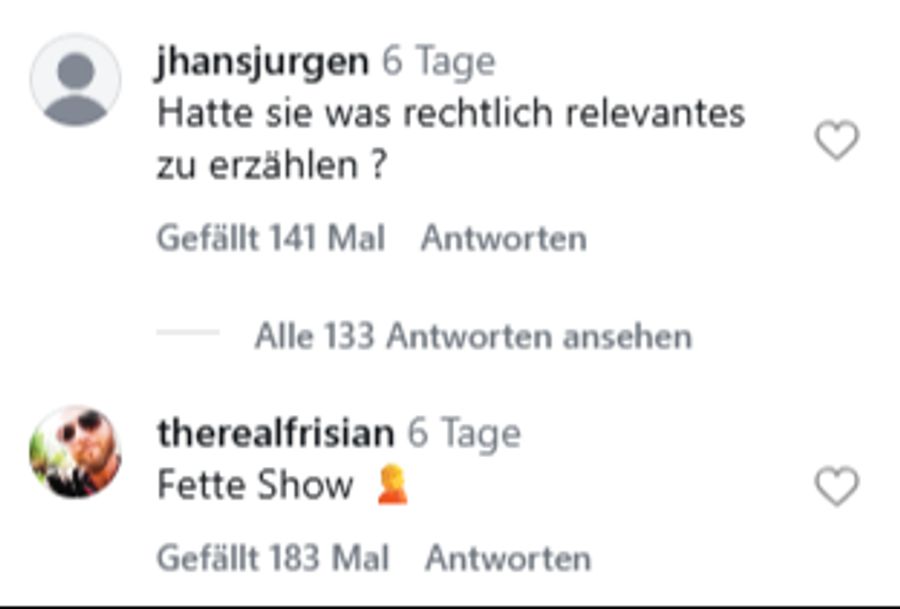 Kommentare unter einem Video von Collien Fernandes' Auftritt an einer Demo gegen Gewalt. Dabei erzählte sie von den Morddrohungen, die sie erhält.