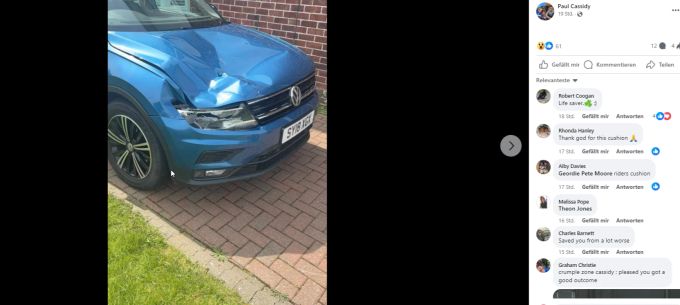 Auf Facebook teilte Paul Cassidy ein Foto des Autos, auf dem er nach seinem Unfall gelandet ist. paul cassidy