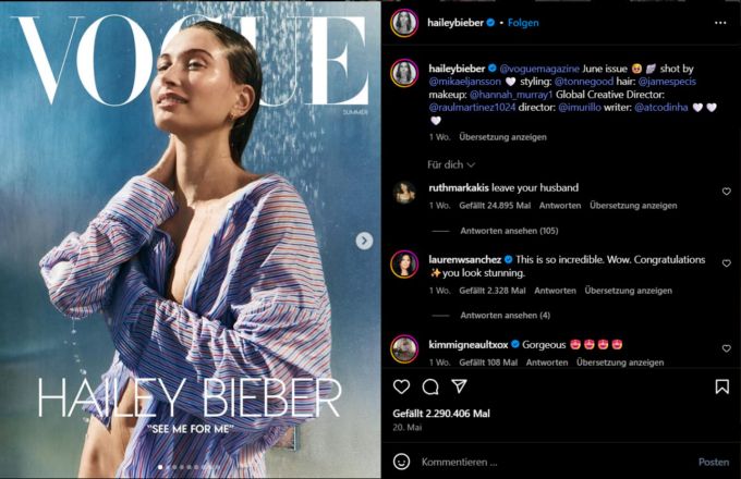 Hailey Bieber ist aktuell auf dem Vogue-Cover zu sehen. Hailey Bieber