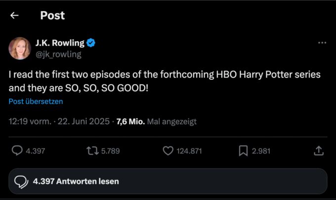 Autorin J.K. Rowling zeigt sich begeistert von der neuen Harry Potter Serie. Harry Potter Serie