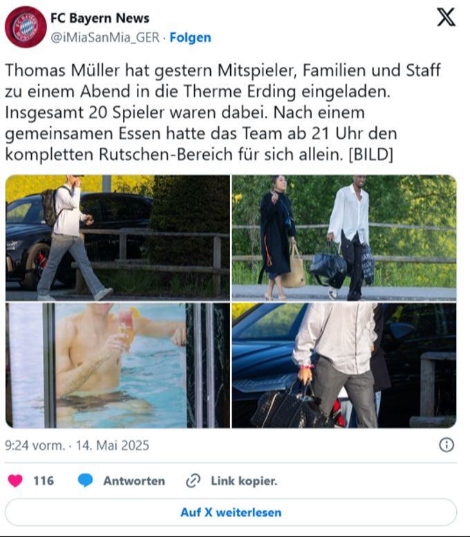 Thomas Müller hat die Spieler von Bayern München am Dienstag in «seine» Therme eingeladen. Bayern München