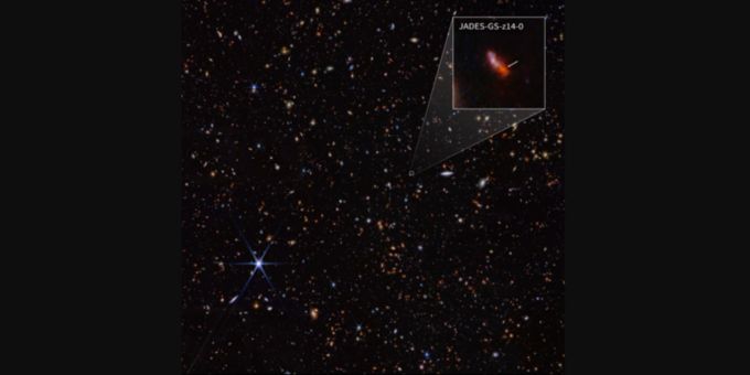 Die am weitesten entfernte, jemals gemessene Galaxie JADES-GS-z14-0. galaxie webb teleskop