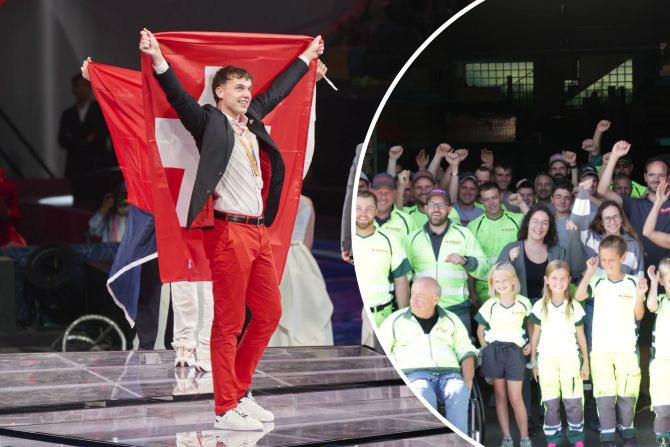 Grosser Jubel beim gesamten Team: Die Oberhänsli Bau AG gratuliert Robin Hollenstein.