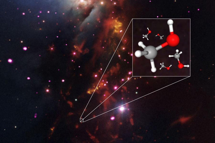 Die Perseus-Molekülwolke befindet sich etwa 1’000 Lichtjahre von der Erde entfernt. Um mindestens einen der sehr jungen Sterne, die noch in ihr eingebettet sind, ist eine seltene Form des organischen Alkohols Methanol vorhanden.
