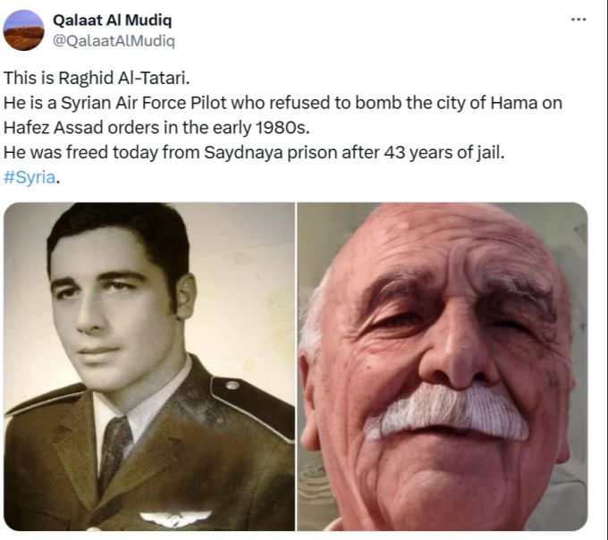 Militärpilot Raged Altatary wurde noch von Assads Vater eingesperrt - vor 43 Jahren. Er hatte sich geweigert, auf Protestierende während der Hama-Rebellion in 1982 zu schiessen. Assad Syrien