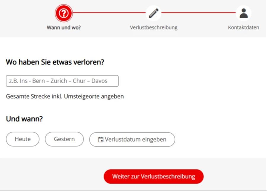 So sieht es aus, wenn man bei der SBB eine Verlustmeldung erstellt.