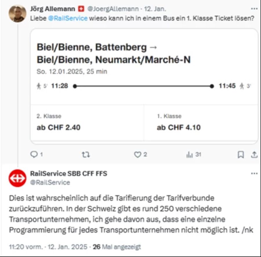 Verwirrung beim Ticket-Kauf: In der SBB-App kann auch für Bus-Fahrten 1. Klasse gelöst werden.