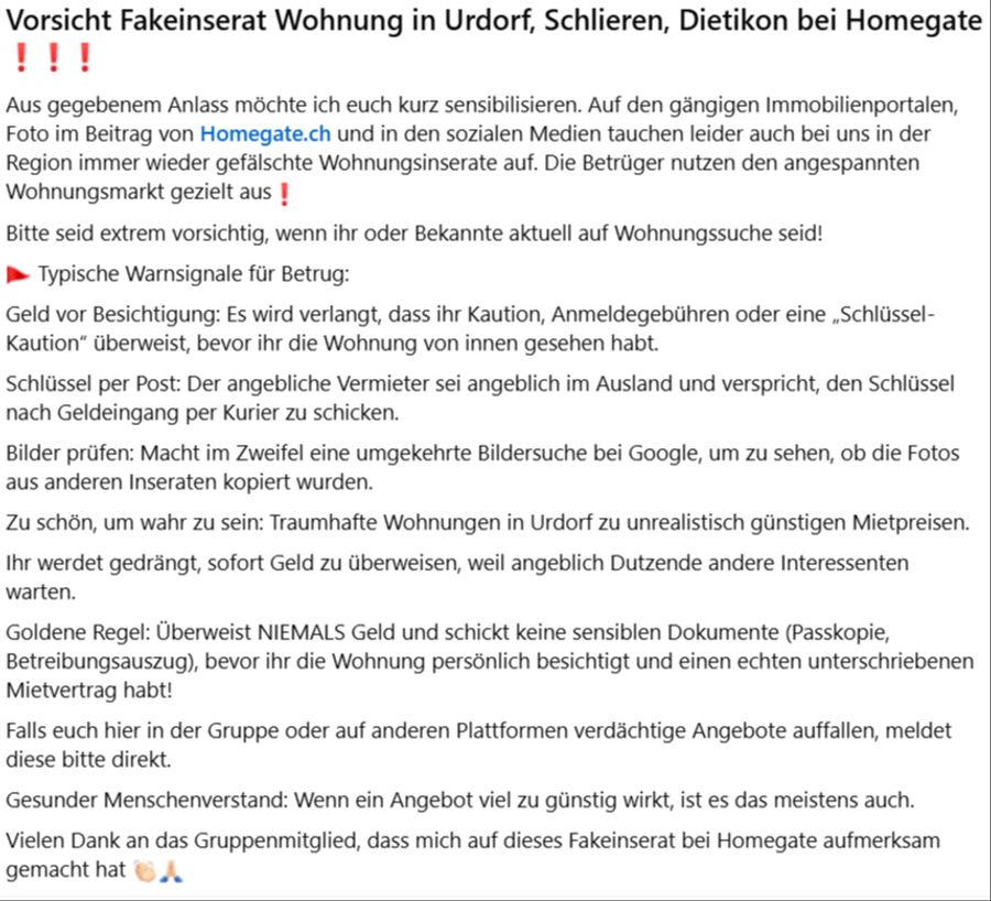 Eine Facebook-Userin aus Urdorf ZH warnt vor einer perfiden Betrugsmasche mit gefälschten Wohnungsinseraten.