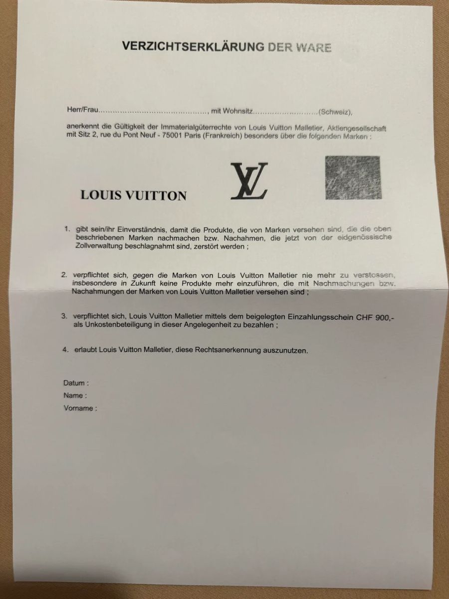 Nebst der Zerstörung der Ware wurde im Namen von Louis Vuitton gefordert, dass der User 900 Franken zahlt.