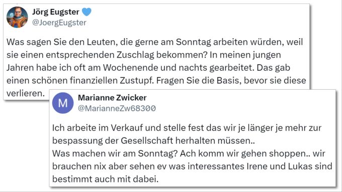 In Online-Kommentaren bringt die Bevölkerung Argumente für und gegen Sonntagsverkäufe. Zwölf Sonntagsverkäufe Shopping Verkaufspersonal