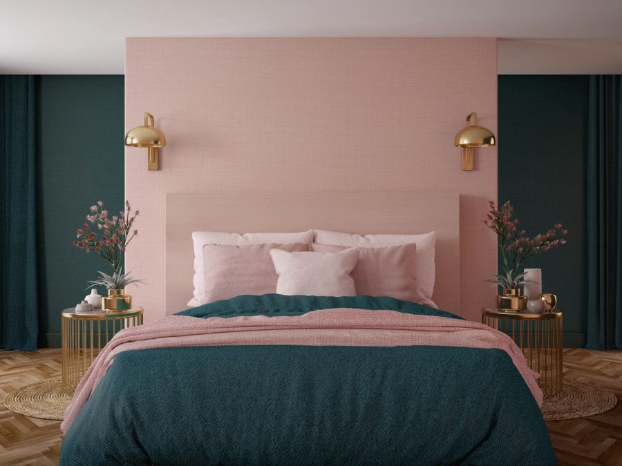 Harmonisch farblich abgestimmtes Schlafzimmer.