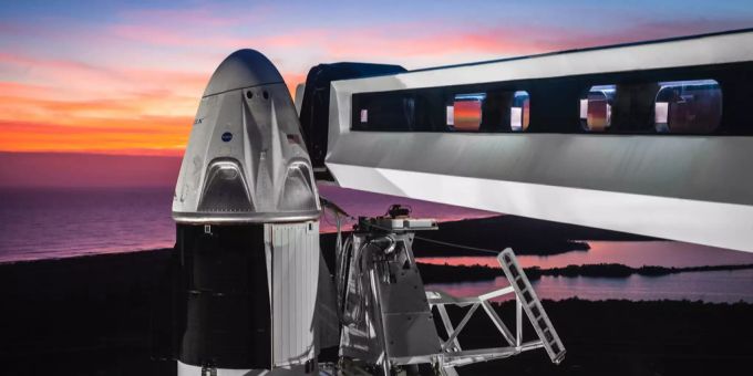 Die Crew-Dragon-Kapsel auf einer Falcon 9 Rakete von SpaceX. Nasa SpaceX