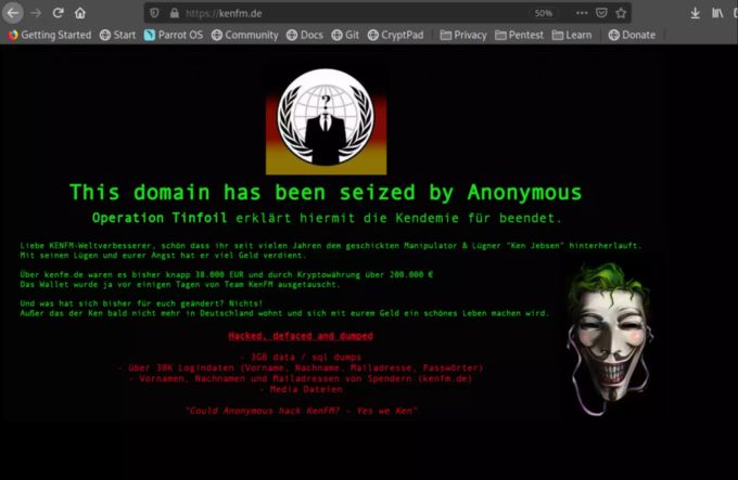 Das «Defacement» von der Webseite von Ken Jebsen, das Anonymous veröffentlichte. anonymous ken jebsen