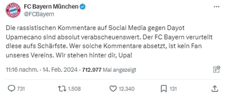 Der FC Bayern München äussert sich am späten Mittwochabend auf X.