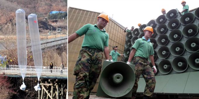 Flugblatt-Ballons beim Start. Südkoreanische Soldaten arbeiten an einer Lautsprecher-Anlage. Propaganda Nordkorea Südkorea Konflikt