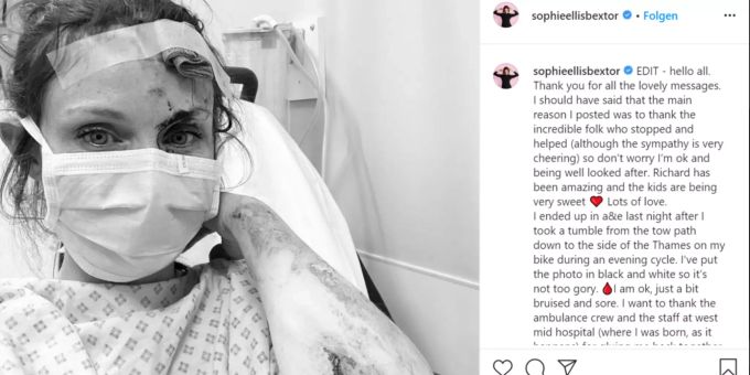 Sophie Ellis-Bextor nach ihrem Fahrrad-Sturz im Krankenhaus. Sophie Ellis-Bextor