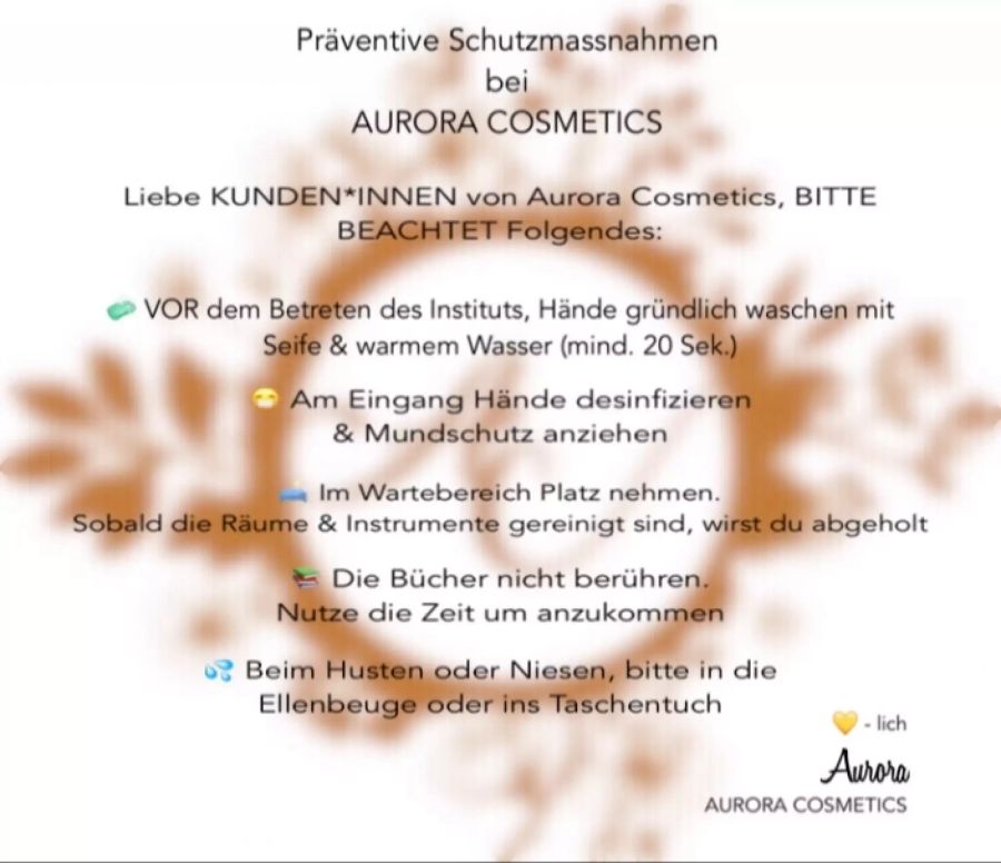 Aurora Cirasa teilt ihren Kundinnen und Kunden schriftlich mit, was zur Bekämpfung des Coronavirus von Nöten ist.