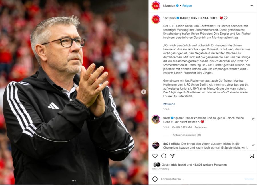 Der Abschieds-Post für Urs Fischer vom offiziellen 1. FC Union Berlin Instagram-Account.