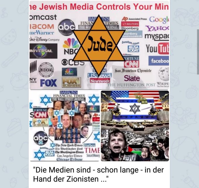 Ein antisemitischer Telegram-Post verkündet, dass die Medien unter der Kontrolle der «Zionisten» stehen. Antisemitismus SIG Zuwachs