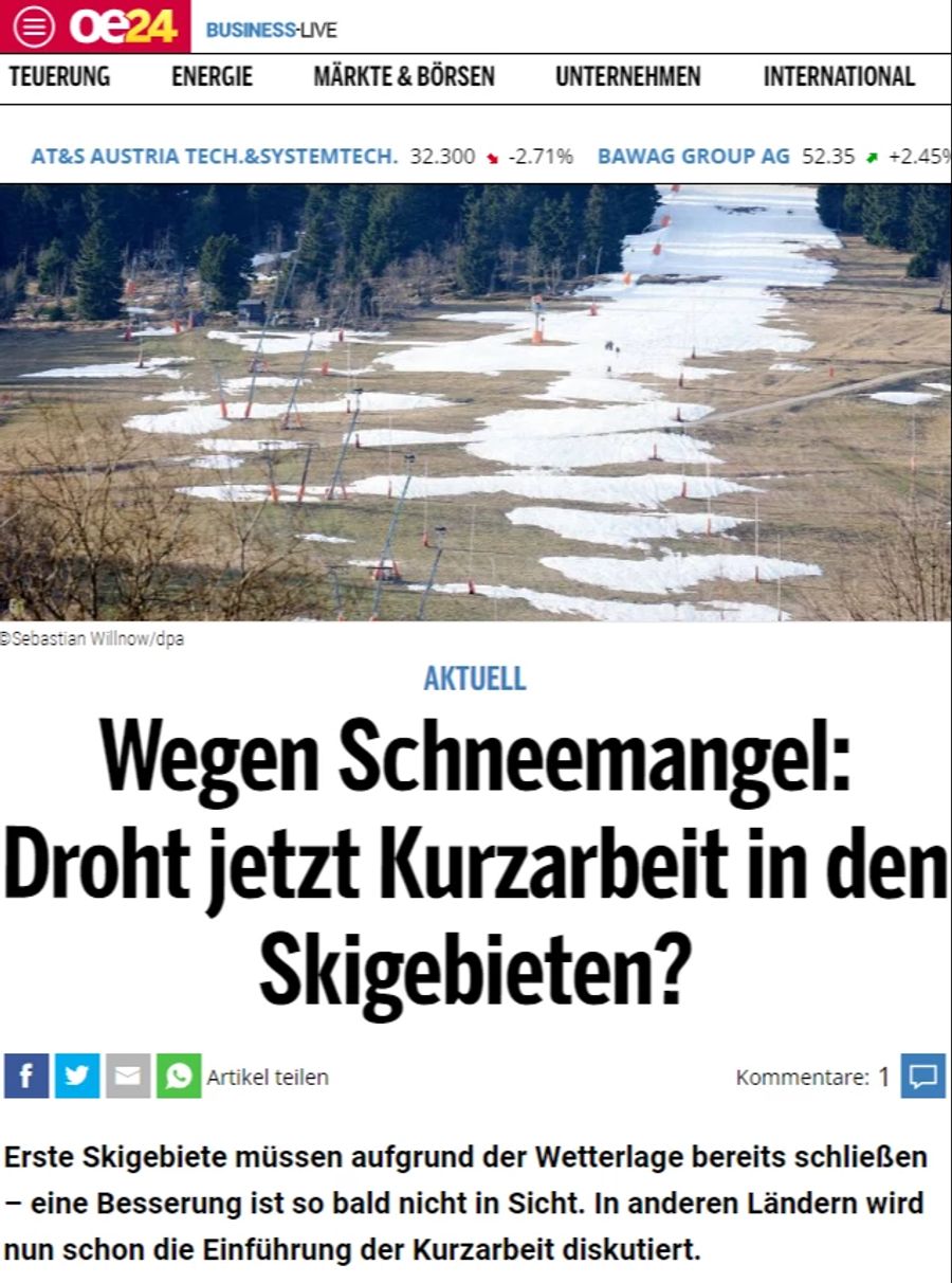 Auch in Österreich wird die Schweiz wegen des Schneemangels zum prominenten Thema.