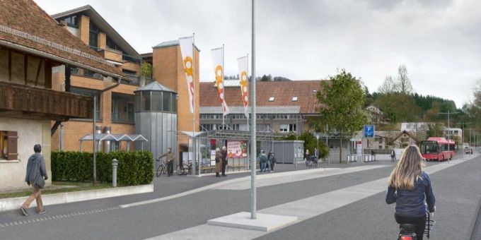 Visualisierung der neuen Haltestelle «Köniz Zentrum» der Buslinie 16. Bushaltestelle vor einem Einkaufsladen.