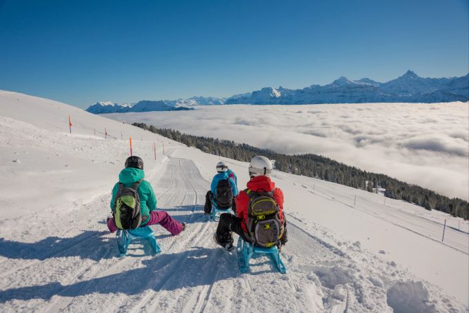 Praktisch: Wer keinen Schlitten von zuhause mitnehmen will, findet an der Bergstation Niederhorn Schlitten zum Mieten. Winter Ausflug Schweiz