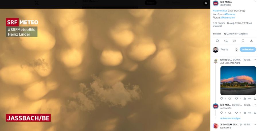 «Mamma»-Wolken werden bevorzugt bei Gewittern gesichtet.