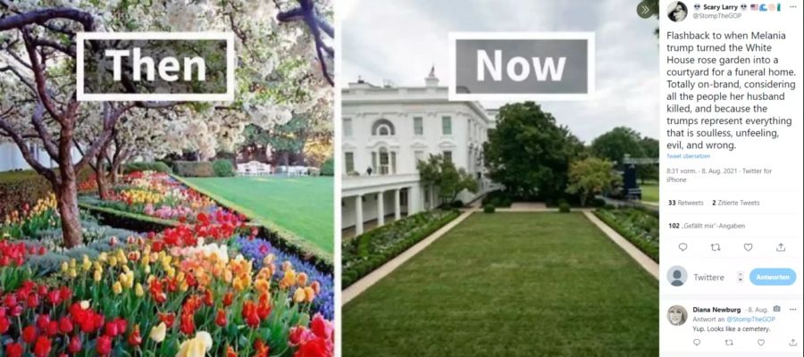 Hier sieht man den Vergleich der Rosengarten: Links ist der Garten vor Melanias Änderungen zu sehen und rechts nach ihrer Umwandlung.