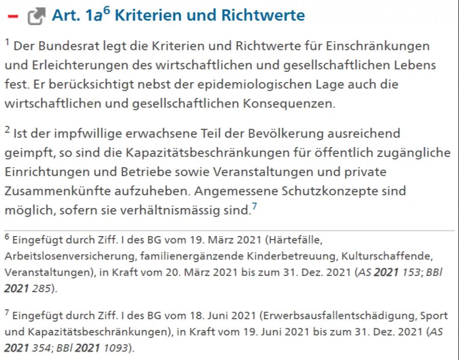 Der Artikel 1a im Covid-19-Gesetz regelt, dass der Bundesrat «Kriterien und Richtwerte für Einschränkungen und Erleichterungen» festlegen muss.