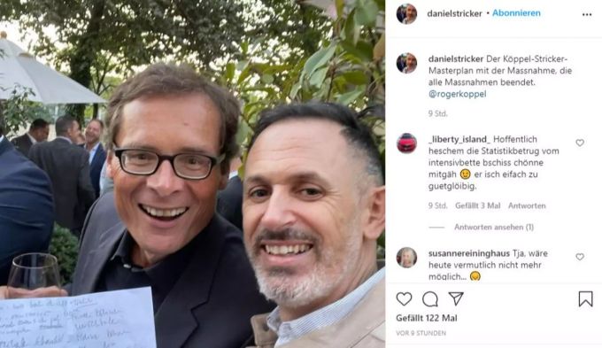 Roger Köppel und Corona-Verharmloser Daniel Stricker am Sommerfest der «Weltwoche». Roger Köppel Daniel Stricker